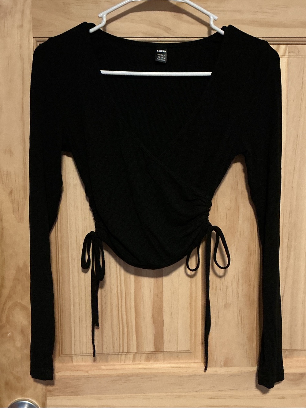 SHEIN Black Long Sleeve Ruched Wrap Top with Side Ties